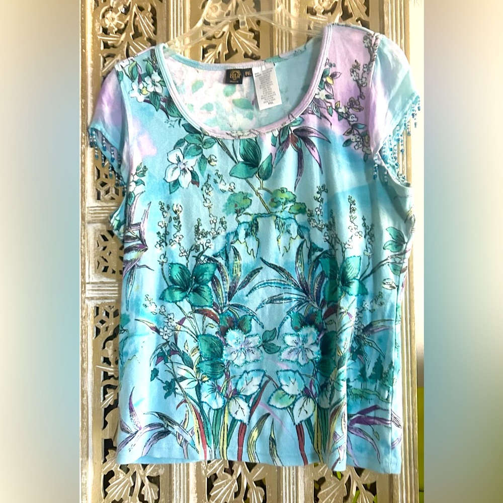 Bila Colorful Floral Boho Peasant Short Sleeve Colorblock Blouse-PXL blue green